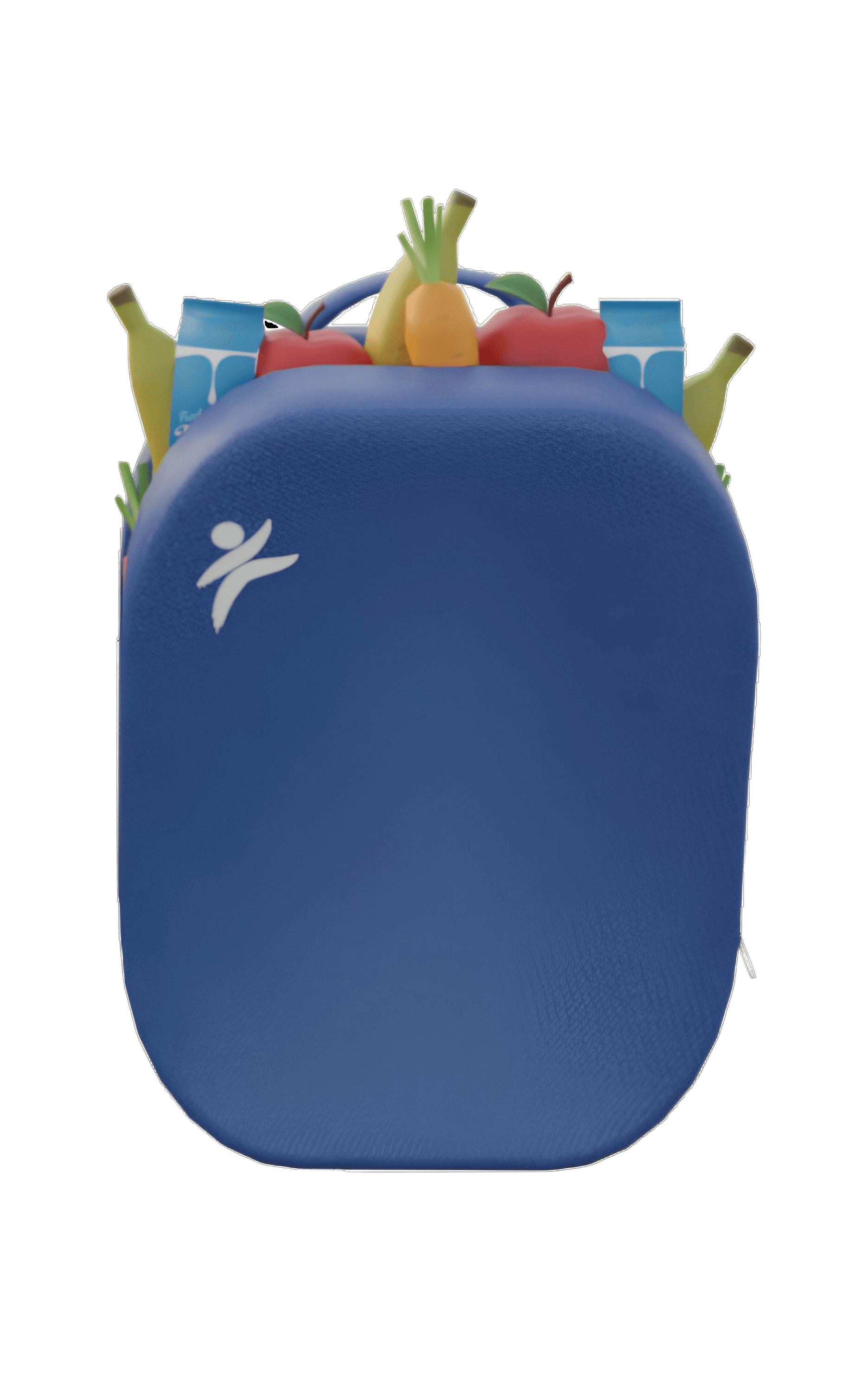 A blue backpack with the Compassion International logo. Fruit is coming out of the top of the pack.