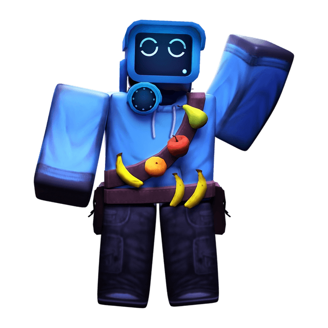 A blue robotic figure wearing navy cargo pants and a bandolier made of fruit.